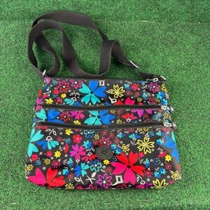 Kipling Crossbody Bag Bright Multicolor Flowers And Black Zippered Purse